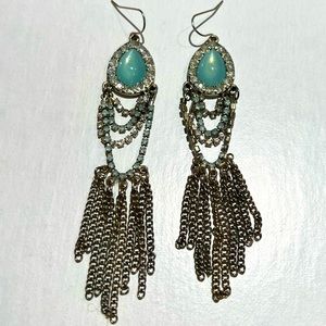 Vintage Fringe Tassel Rhinestone Crystal & Stone Drop Earrings Aqua blue green